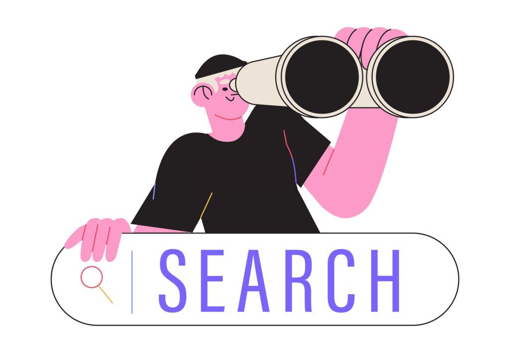 Curious man looking through binoculars. Business metaphore for search or research, development, web surfing. Trendy outline vector characters for web or ui design. Search character concept.